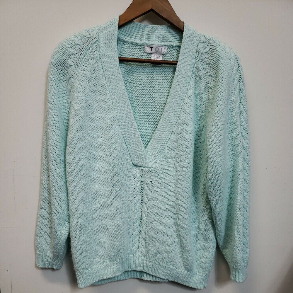 Vintage TOI Med green  Sweater  V Neck Pullover Taiwan acrylic shoulder pads